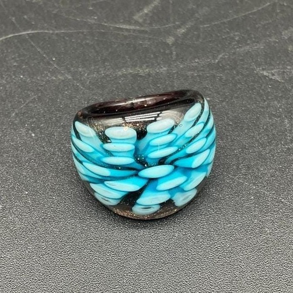 Jewelry - Vintage Lampwork Glass Dome Ring Size 5.5 Bold Turquoise Statement Jewelry